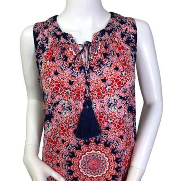 Chico’s Petite Floral Geo Print Dress Size 0 Small 4 Pink Blue Tassels Stretch - Picture 3 of 12